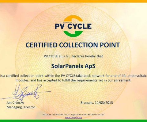 PV Cycle certifikat - SolarPanels ApS
