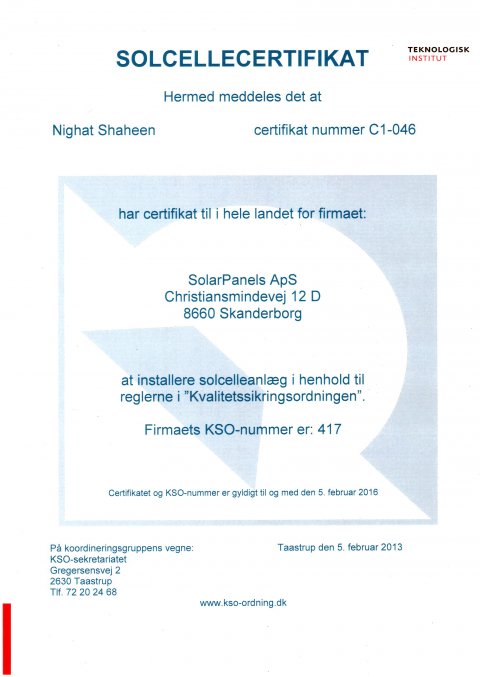 KSO Certifikat - SolarPanels ApS